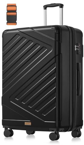 SONGMICS Maleta Rígida de Viaje, Equipaje de Viaje, Candado TSA, Correa Incluida, ABS, 4 Ruedas Dobles, Expandible, XL, 75 x 50 x 30 cm, Negro Tinta RLP003B101