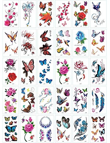 Yesallwas 30 Sheets cute Temporary Tattoo Sticker Fake Tattoos for Women Models,Waterproof Long Lasting Art Realistic Tattoos -Butterflies, Rose, Flowers