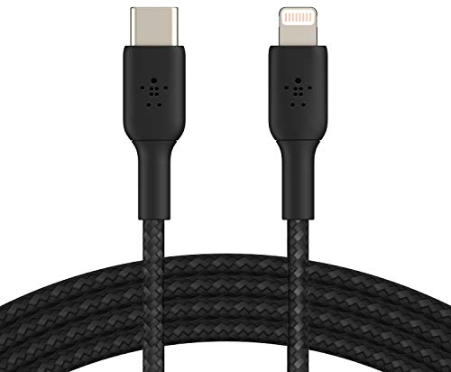 Belkin geflochtenes USB-C-/Lightning-Kabel (iPhone-Kabel zum Schnellladen für iPhone 13, 13 Pro, 13 Pro Max, 13 mini und ältere Modelle) BoostCharge MFi-zertifiziertes iPhone USB-C-Kabel, 2 m, Schwarz