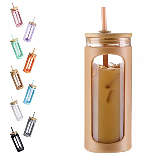 Kodrine 20oz Glass Water Tumbler with Straw and Lid, Bamboo Lids Water Bottle, Iced Coffee Cup Reusable, Wide Mouth Smoothie Cups with Protective Silicone Sleeve BPA FREE-Amber
