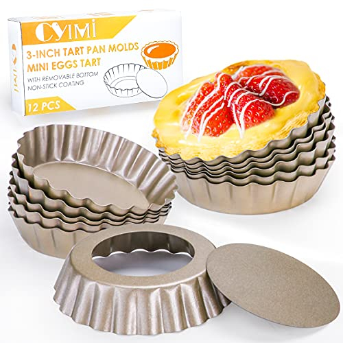 Cyimi 3 Tarteform mit Hebeboden 12 Stück Eierkuchenformen Törtchenform 8 cm, Tartelette Förmchen Antihaftbeschichtung Mini Quicheform, Gold