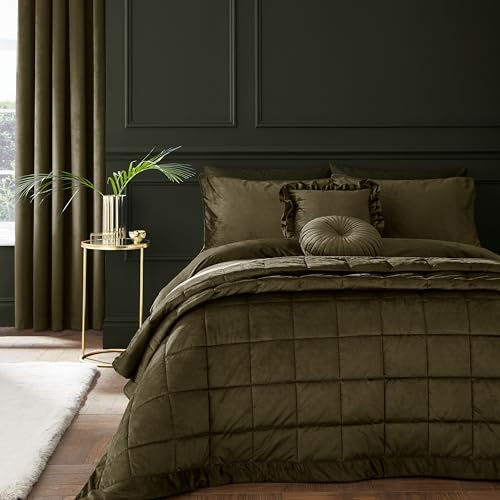 Catherine Lansfield Kingsley Matt Velvet Quilted 220x220cm Bedspread Olive Green