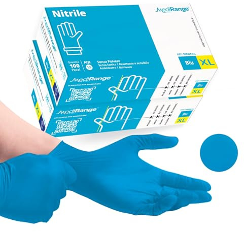 Farla Medical MediRange Gants Jetables XL, Gants Nitrile Bleus à Usage Lourd, Sans Poudre, Sans Latex, et Sans Protéine, Médical, Alimentaire, Multi-Usage, Pack de 200