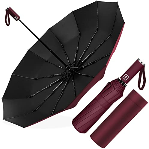Poligono Parapluie Pliant Automatique, Grand Parapluie 12 Baleines pour Homme Femme, Anti Vent, Diamètre 105 cm (Rouge Vin)