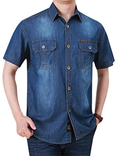 Jean Chemise Hommes Manches Courtes Extérieur Chemise Revers avec Poches Décontractée Chemise Regular Fit Western Chemise Vintage Casual Shirt Hommes Été Denim Chemise Hommes C-Dark Blue 5XL