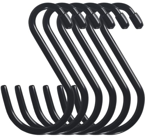 Cozihom Lot de 6 crochets en S robustes revêtus de vinyle de 15,2 cm, crochets en S revêtus de caoutchouc noir, cintres en S en métal antidérapant extra épais pour placard, jardin, garage, cuisine,