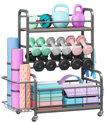 Homeiju Hantelständer, Gewichtsständer für das Heimstudio, Aufbewahrung für Heimstudio für Hanteln, Kettlebells, Yogamatte, Gewichtsaufbewahrungsständer für Hanteln mit Rädern & Haken (Grau)