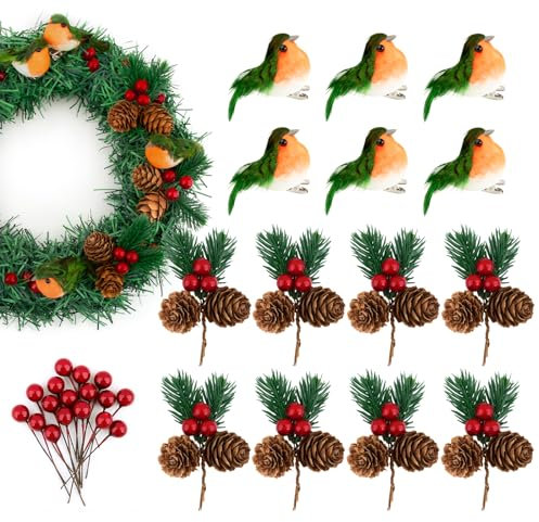 BETESSIN Christmas Tree Decoration Set, 100pcs Red Holly Berries + 8pcs Artificial Pine Picks + 6pcs Robin Bird Artificial with Clip Handmade Birds Christmas Wreath Decoration Craft Wreath Making Kit