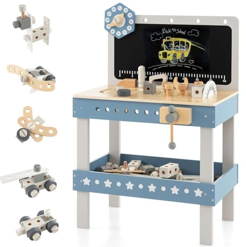 GYMAX Kids Workbench, Wooden Play Workbench with Blackboard, Storage Shelf, Tool & Parts Set, Children Toy Tool Bench for 3 Years Old + Boys Girls (Grey+Blue, 75 PCS:50x29x73cm)