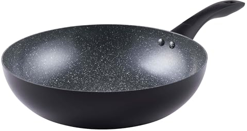 Progress Marble Ceramic Wok - Ø 28 cm, Antiaderente rivestimento in ceramica, adatto per tutti i fornelli da cucina, leggero alluminio, Manico Ergonomico, Tradizionale Fondo Piatto