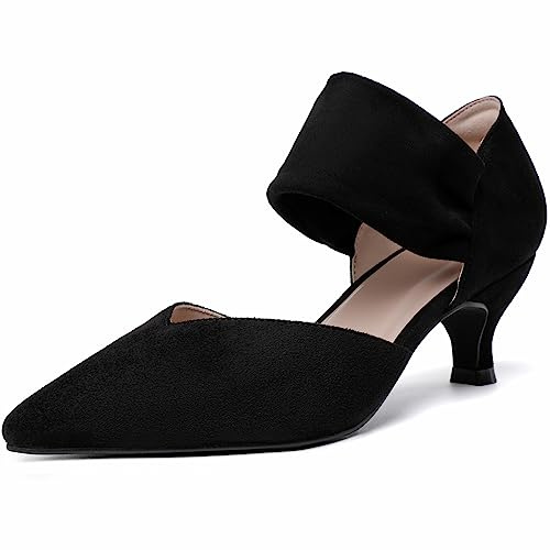 RIBONGZ Black Kitten Heels for Women Closed Toe Church Shoes Comfortable Low Heels Pointed Toe Sexy Slip on Pumps Wedding Bridal Party Dressy Shoes 8