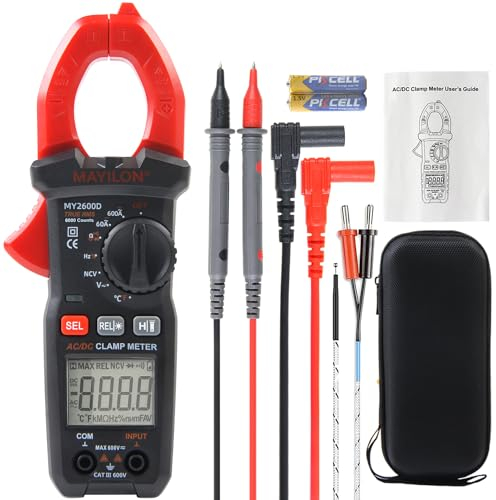 MAYILON MY2600D Pinza Ampérimetrica, 600V Multímetro Digital NCV AutoRango con Pantalla Retroiluminada para Prueba de Corriente y Voltaje CA/CC Capacitancia Continuidad Diodo Frecuencia Temperatura
