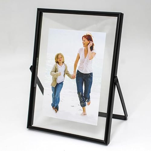 LEEMASING Svävande fotoram, metall, glas, bordsskiva, alla hjärtans dag och bröllopssmycken, passar för 12,7 x 17,8 cm foton (svart, 12,7 x 17,8 cm)