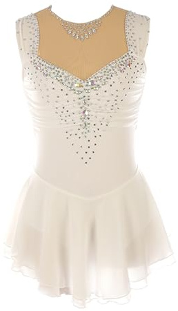 CHAGMEA Girls Figure Skating Dress Sleeveless Rhinestone Ballet Dance Stage Performance Competition Costume,White,L
