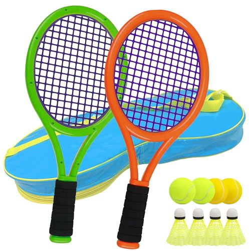 Nileatry Kid Tennis Racket with Bag,Plastic Racquet Include 2 Foam Ball,2 Tennis Ball,4 Badminton for Children,Toddler Outdoor/Indoor Sport Play (Dark Orange&Green)
