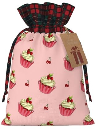 Bolsa de yute con cordón para tarta de cereza, tela a cuadros y etiqueta de papel kraft, bolsa ligera y duradera