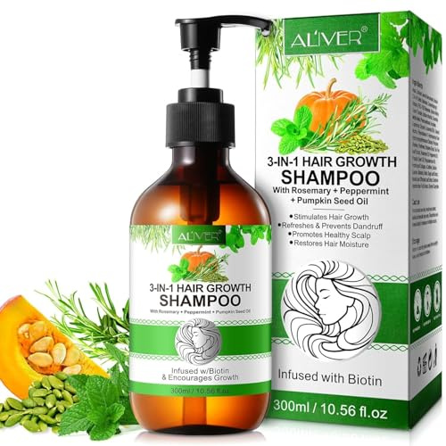 3 in 1 Rosmarin Shampoo für Haarwachstum, 300 ml Bio Haarwuchsshampoo mit Rosmarinöl, Pfefferminzöl und Kürbiskernöl, Biotin Rosemary Shampoo gegen Haarausfall, Sanfte Reinigung, Nährt die Kopfhaut