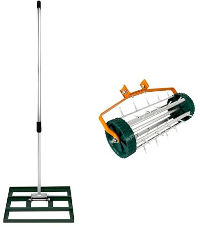 Set Nivelador de Césped 50x32cm + Aireador Manual Rodante de Césped 42cm Ancho (Púas 3.8cm) | Verde| Acero | Mango Extensible 1.15 - 1.9m | Aluminio | Jardinería Paisajismo Cultivo Exteriores