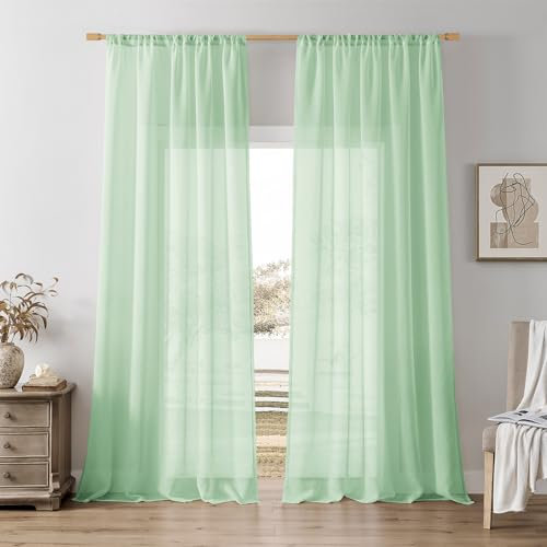 Softalker Gardinen Grün Transparent Vorhänge Leinenoptik Gardine Schlaufenschal 2er Set 140x240cm(BxH) Voile Vorhang mit Stangendurchzug Gardinenschals für Wohnzimmer Schlafzimmer Kinderzimmer Fenster