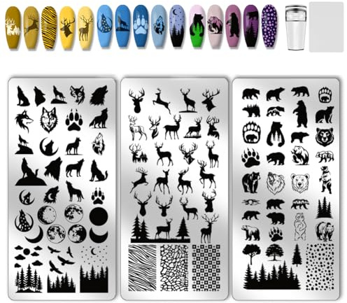 PH PandaHall 3 plantillas de estampado de animales salvajes para uñas, plantillas de arte para uñas, diseño de lobo, estampado de ciervo, con estampado y raspado para mujeres, 12 x 6 cm