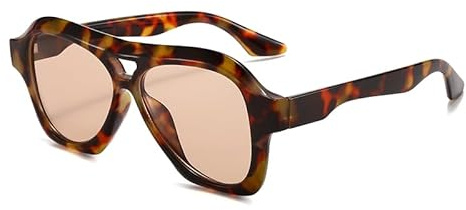 Long Keeper Retro Square Pilot Sunglasses for Women Men aviation Double Bridge Sunglasses 70s Fashion Classic Sun Glasses UV400 Protection (Leopard Brown)