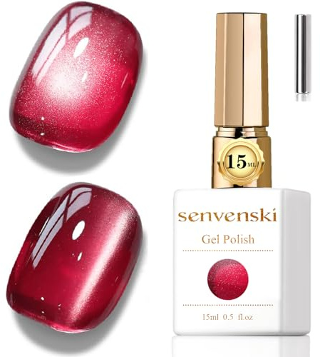 Senvenski Gelatin Vitral kattögonlack semipermanenta för naglar med magnet 15 ml magnetiska kattögon galaxer holografiskt glänsande färg gelnagellack (vinröd, 15 ml)