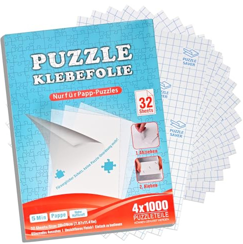 Faburo Puzzle Klebefolie, 32 Stück Super Puzzlekleber für 4x1000 Teile / 8x500 Teile, 20 x 29cm Klebefolie Transparent für Kinder und Erwachsene, Puzzle Kleber Transparent Folie für Aufhängen Puzzles