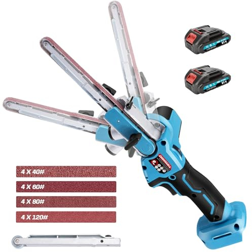 Akku Bandschleifer mit 2x2000mAh Akkus, Bürstenloser Akku-Bandfeile mit Schleifarme 9 mm und 13 mm inkl. 16x Schleifbänder, 6 Geschwindigkeiten, 100° Einstellbare Feilenschleifer