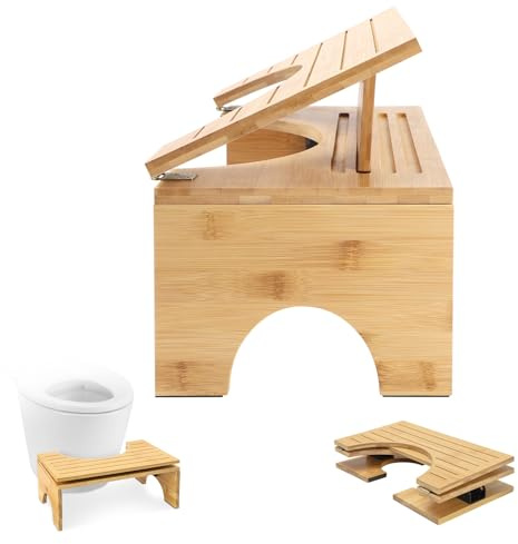 Toilettenhocker Klappbar, Klohocker Aus Bambus, Ergonomischer WC Hocker mit Neigungsverstellung für Erwachsene und Kinder, Rutschfester Toilettenhocker Für Verbesserten Stuhlgang