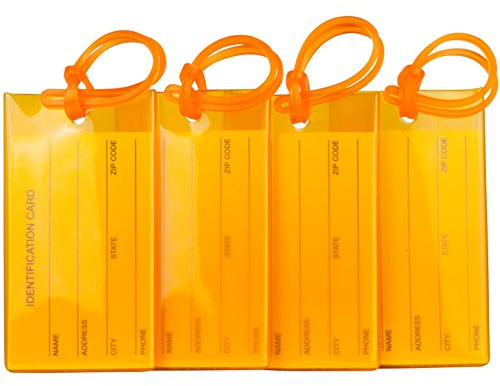 4 Pack TravelMore Luggage Tags for Suitcases, Flexible Silicone Travel ID Identification Labels Set for Bags & Baggage – Orange