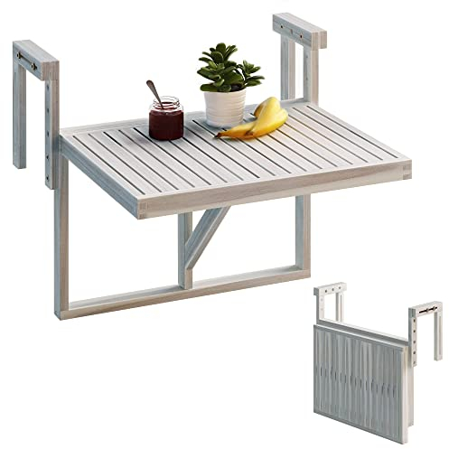 INTERBUILD Stockholm tamaño de Escritorio: 60X45CM Mesa de terraza Plegable para balcón Ajustable FSC Madera de Acacia Color Blanco orgánico
