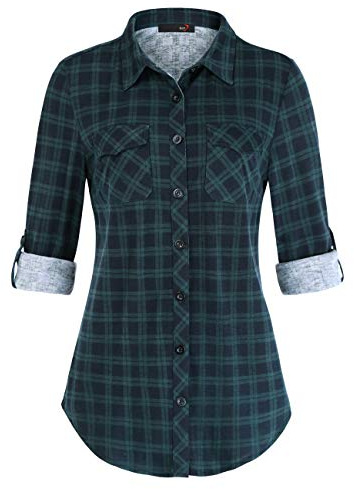 DJT Womens Soft Stretchy Knit Plaid Shirts Roll Up Long Sleeve Collared Button Down Blouses Tops Medium Green Pattern