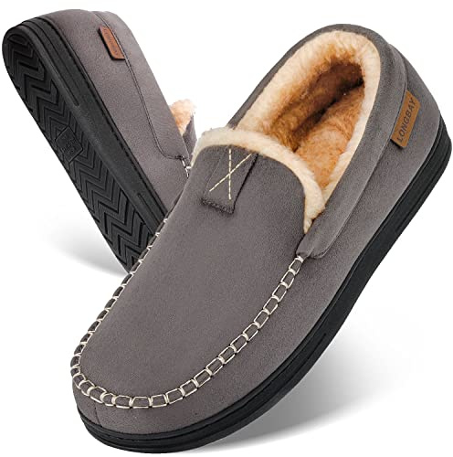 LongBay Men's Moccasin Slippers Memory Foam Warm Comfy Fluffy Faux Fur House Shoes with Indoor Outdoor Rubber Sole (11UK, Grey)