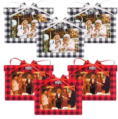 Shitailu Christmas Felt Buffalo Plaid Photo Frame Ornament Pendant Charms-Hanging Ornament for Christmas Tree Hanging Decoration with Photo Protective Film-DIY Decorations(6 Pcs)