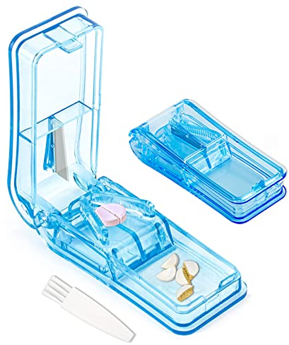 Tablettenteiler für Kleine und Große Tabletten, Pillenteiler mit Tablettenaufbewahrungsfach Für Tabletten in ein Halbes Viertel Schneiden (Blau)