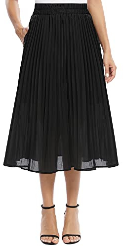 EXCHIC Mujeres Casual Gasa Elástico Cintura Alinear Plisado Midi Falda con Bolsillo (S, Negro)