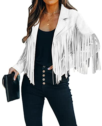 loveimgs Women's Western Faux Suede Fringe Cropped Jacket, White, M