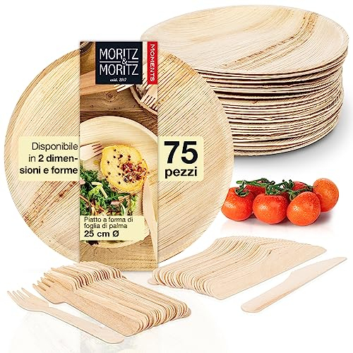 Moritz & Moritz Stoviglie rotonde in foglia di palma, 75 pezzi, 25 cm, con posate usa e getta, 25 piatti usa e getta sostenibili, alternativa alle stoviglie in bambù e ai piatti in bambù