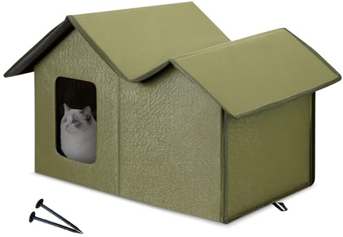 ALLSOPETS Casa para Gatos Exterior Impermeable, Caseta Gato Plegable y Resistente a la Intemperie, Refugio Cálido para Gatos o Perros Pequeños Interior y Exterior (Verde Bosque)