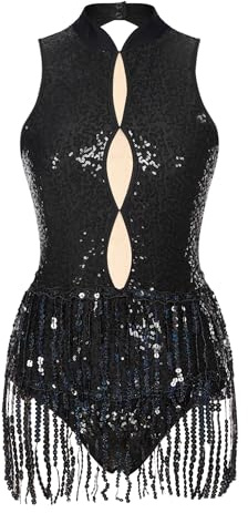 JEATHA Balettdräkt för kvinnor, gymnastikdräkt, paljetter, gymnastikbody, ärmlös bodysuit, transparent nätlapptäcke, body med fransar glitter, dansbody, leotard tofs, balettkläder, D svart, M