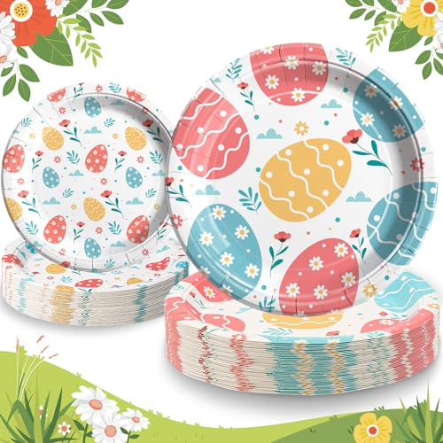 Duocute Happy Easter Party Paper Plates 40 Counts, 23cm(9inch) and 18cm(7inch) Easter Colorful Eggs Disposable Paper Dishes Dinner Dessert Paper Plates for Kids Holiday Party-20 Guests
