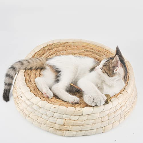 RXMORI Straw Cat Bed,Hand Woven Straw Cat Nest,Straw Bedding for Chicken Nests,Breathable Round Pet Nest for Cats Dogs Rabbits Geese(Bottom Diameter 28cm/11in)