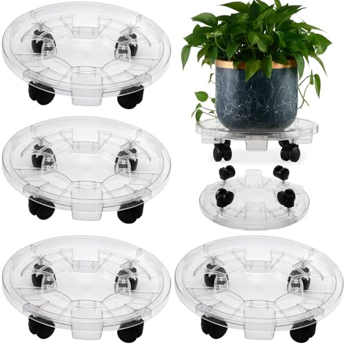 KvyusFlourish 4 Packs 13 Inches Large Clear Plant Caddy Plant Saucers on Wheels Rolling Plant Stands Heavy-duty Plant Dolly Plastic Planter Roller Base Pot Movers Outdoor Plant Tray Coaster