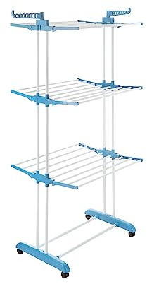 KASANOVA Stendibiancheria a torre pieghevole 3 ripiani con ruote azzurro Lavanderia