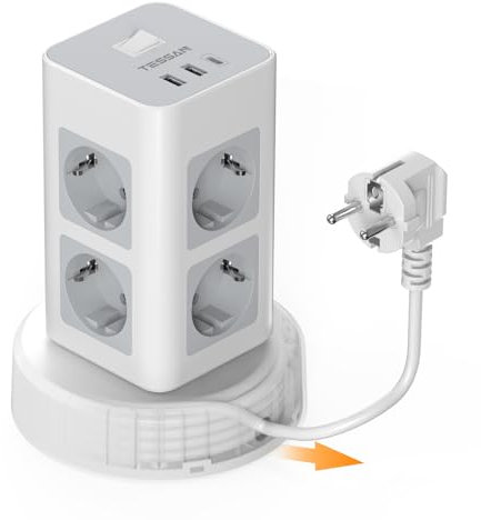 TESSAN Mehrfachsteckdose mit USB C, 8 Fach Steckdosenleiste mit Einziehbares Verlängerungskabel, Mehrfachstecker Steckerleiste mit 2M Extension Cord, Steckdosenturm Verteilersteckdose für Zuhause