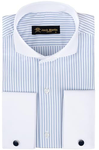 Jack Martin London Chemises à double manchette pour homme avec col découpé | Boutons de manchette inclus | Chemise de luxe à manches longues pour homme, Rayé bleu., XL