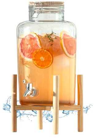 PZL CONCEPT Distributeur Boisson avec Support et Robinet 8 L - Fontaine à Eau et Cocktail - Bol à Punch - Jarre en Verre pour Limonades - Bonbonne - Bocal pour Sublimez vos Fêtes et Anniversaires