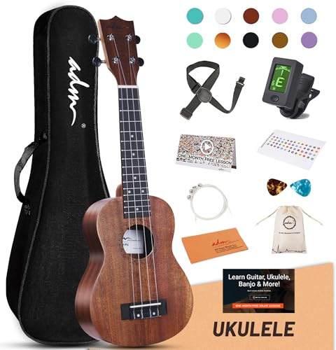 ADM Ukulele for Beginners Hawaiian Sapelewood Ukelele Kit for Adult Student Starter Professional Ukalelee Pack Bundle with Free Lessons Gig Bag Strap Nylon String Tuner (Brown-Sapele, 21 Inch)