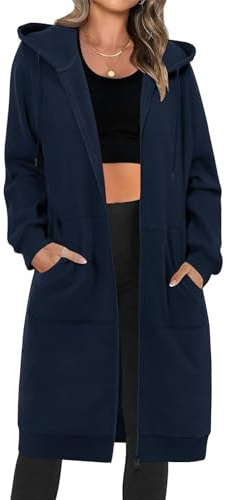 Tuopuda Lång huvtröja med dragkedja, fleece, lång huvtröja, sweatshirts, casual, långärmad, dragkedja, huvtröja, lös kappa med huva, plus size, jacka med fickor, Marinblått Xsp, XL