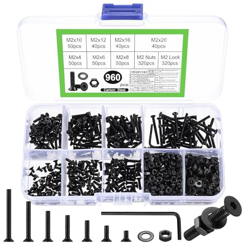 960 PiezasTornillos M2 Juego de Tornillos y Tuercas, Tornillos de Cabeza Plana Avellanada de Cabeza Hexagonal Pequeña y Tuercas y Arandelas Kit, Tornillo deCabeza Hueca Hexagonales Negro